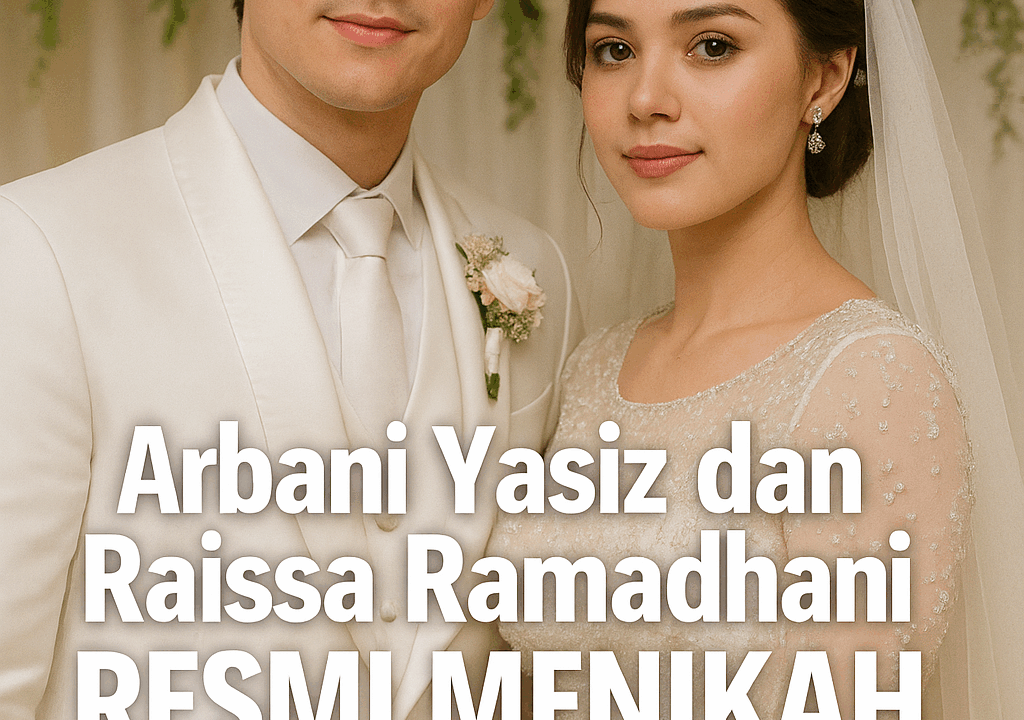 Foto close-up Arbani Yasiz dan Raissa Ramadhani tersenyum bahagia di hari pernikahan 9 Agustus 2025, mengenakan busana pengantin putih elegan.
