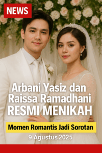 Foto close-up Arbani Yasiz dan Raissa Ramadhani tersenyum bahagia di hari pernikahan 9 Agustus 2025, mengenakan busana pengantin putih elegan.