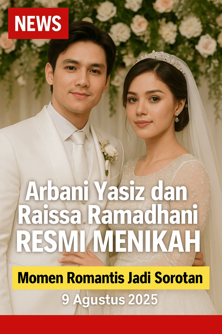 Foto close-up Arbani Yasiz dan Raissa Ramadhani tersenyum bahagia di hari pernikahan 9 Agustus 2025, mengenakan busana pengantin putih elegan.
