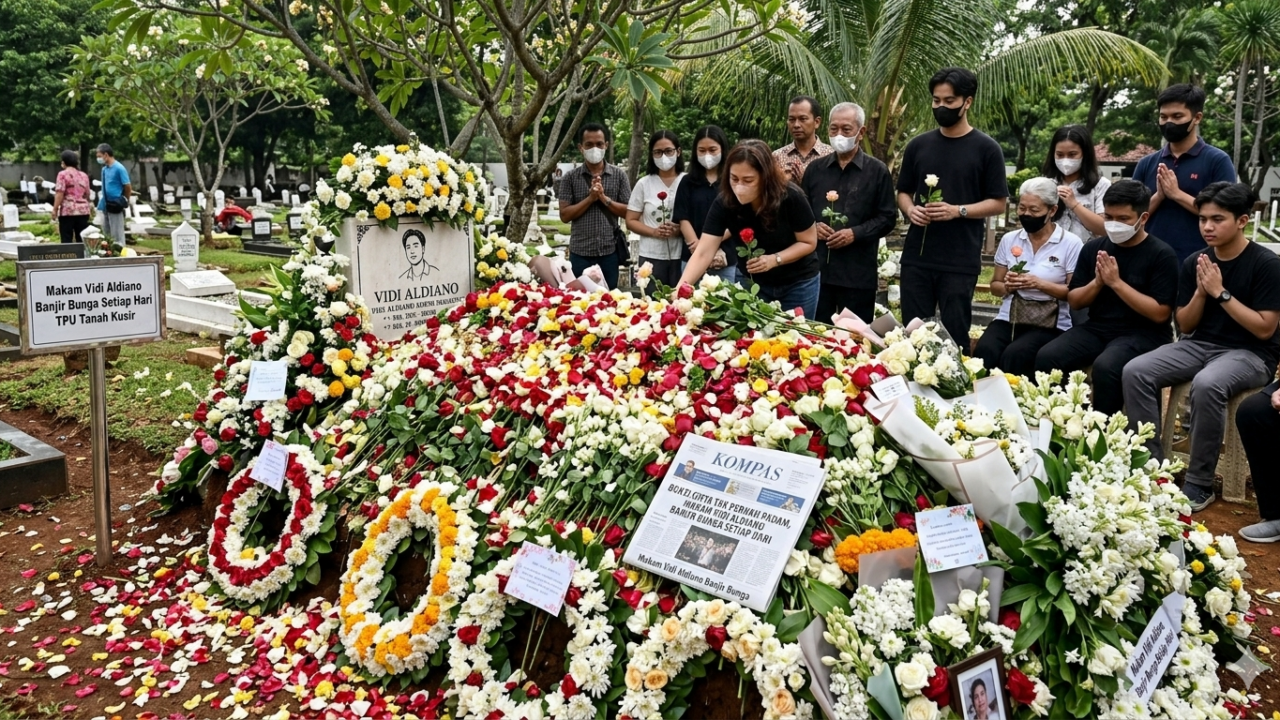 Petugas TPU Tanah Kusir sedang membersihkan gundukan bunga tabur yang melimpah di atas makam penyanyi Vidi Aldiano pada sore hari