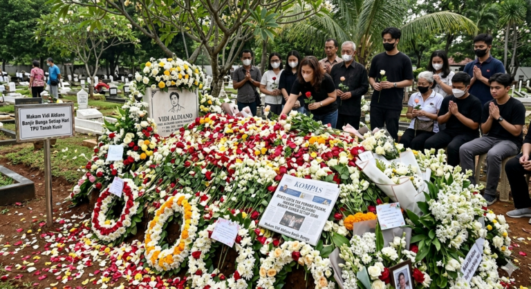 Petugas TPU Tanah Kusir sedang membersihkan gundukan bunga tabur yang melimpah di atas makam penyanyi Vidi Aldiano pada sore hari