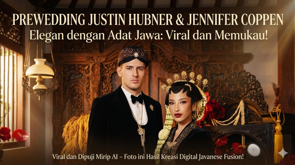 Potret prewedding Justin Hubner Jennifer Coppen mengenakan busana adat Jawa beludru hitam yang elegan dan mewah.