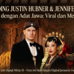 Potret prewedding Justin Hubner Jennifer Coppen mengenakan busana adat Jawa beludru hitam yang elegan dan mewah.