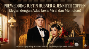 Potret prewedding Justin Hubner Jennifer Coppen mengenakan busana adat Jawa beludru hitam yang elegan dan mewah.