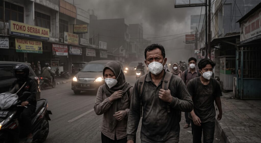 Ilustrasi warga memakai masker N95 saat fenomena harga masker melonjak akibat abu vulkanik Anak Krakatau