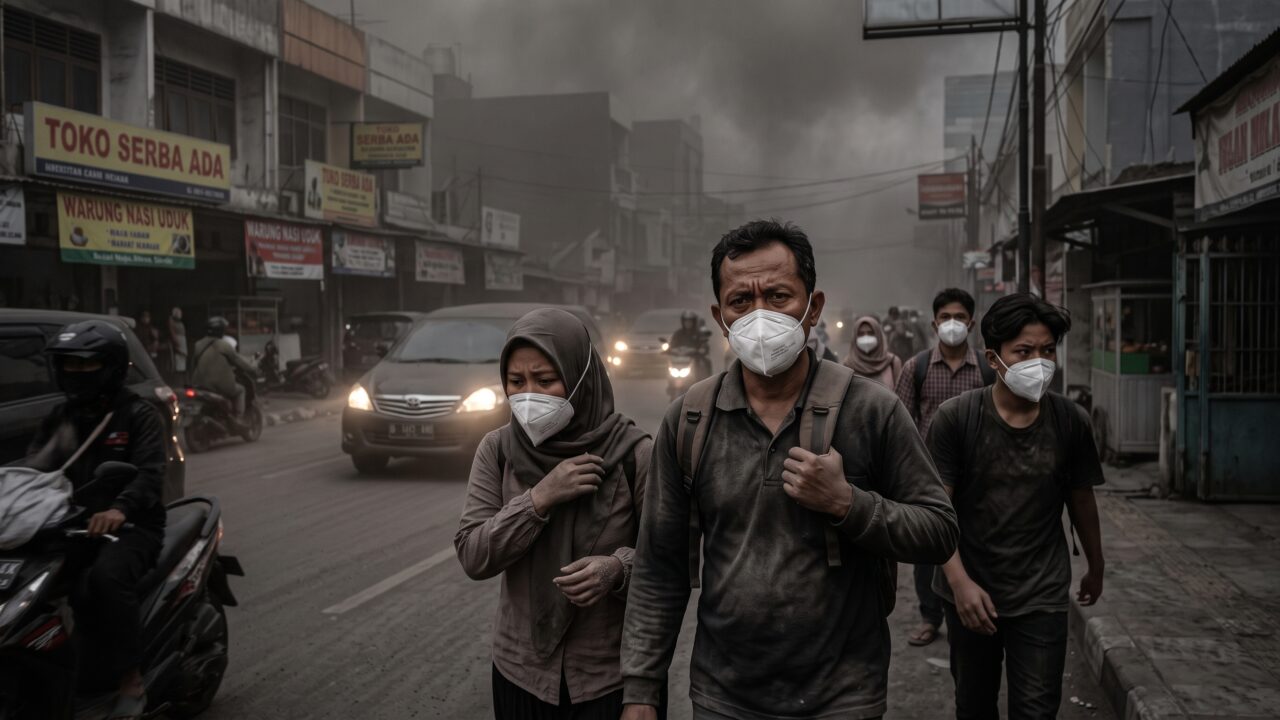 Ilustrasi warga memakai masker N95 saat fenomena harga masker melonjak akibat abu vulkanik Anak Krakatau