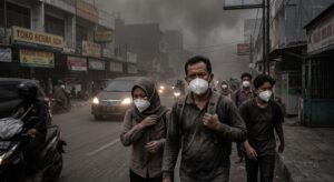 Ilustrasi warga memakai masker N95 saat fenomena harga masker melonjak akibat abu vulkanik Anak Krakatau