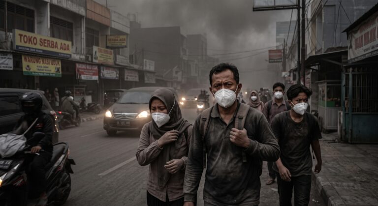 Ilustrasi warga memakai masker N95 saat fenomena harga masker melonjak akibat abu vulkanik Anak Krakatau